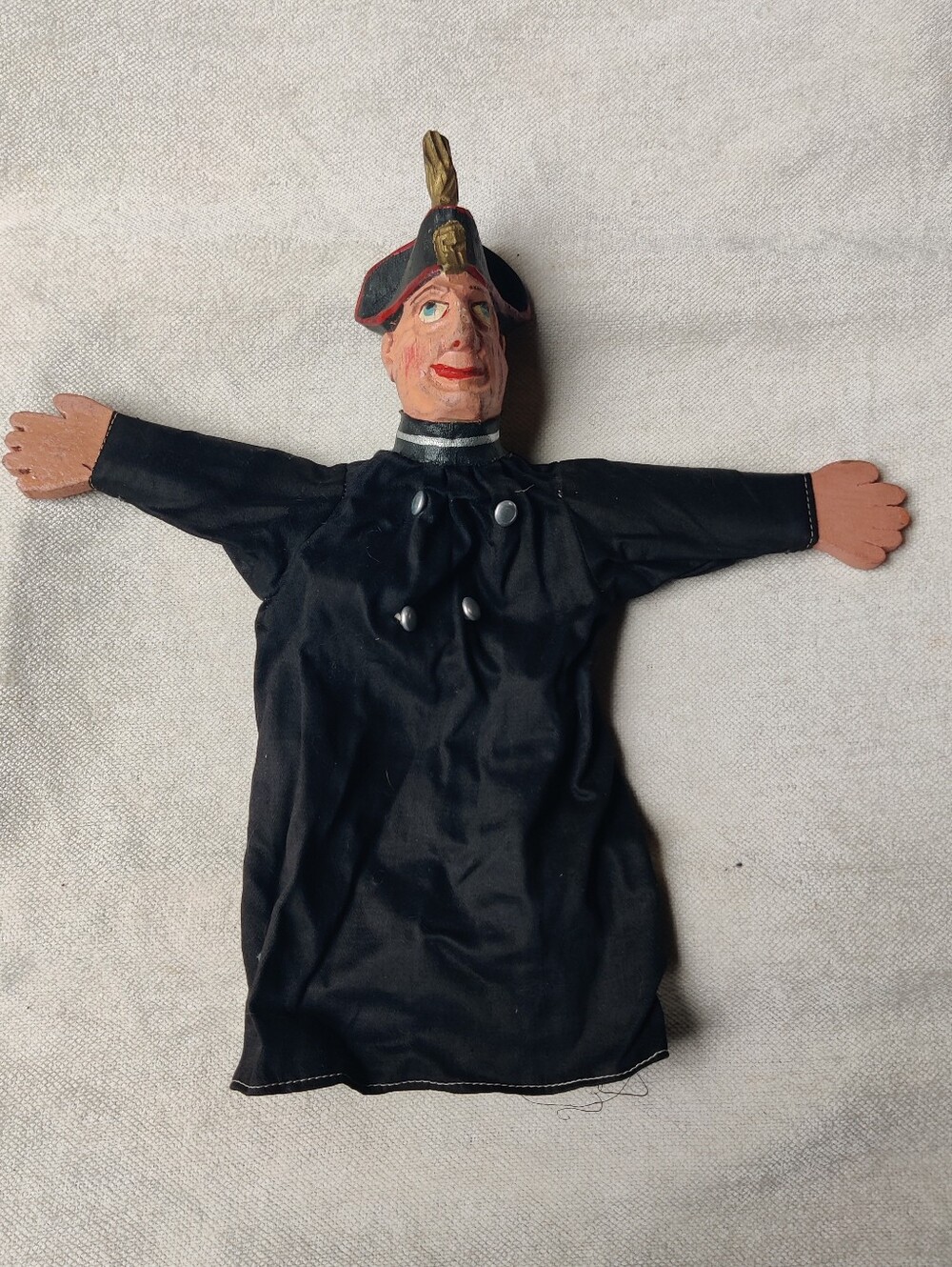 Vintage Soldier Hand Puppet Carved Wood Fabric Handmade Folk Art Military Europe